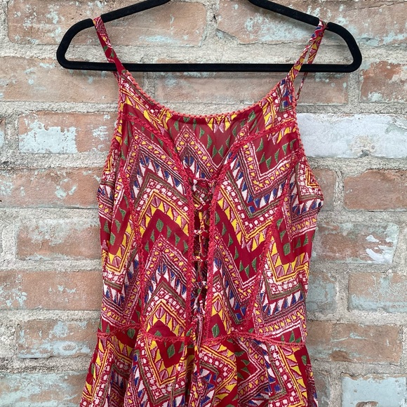 Tiered Maxi Dress Boho Red Lace Up Ruffled Handkerchief Hem Midi Sundress - Picture 9 of 15